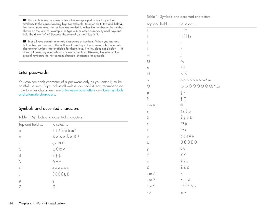 HP Wi-Fi manual Enter passwords, Symbols and accented characters 