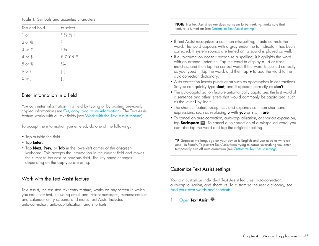 HP Wi-Fi manual Enter information in a field, Work with the Text Assist feature, Customize Text Assist settings 