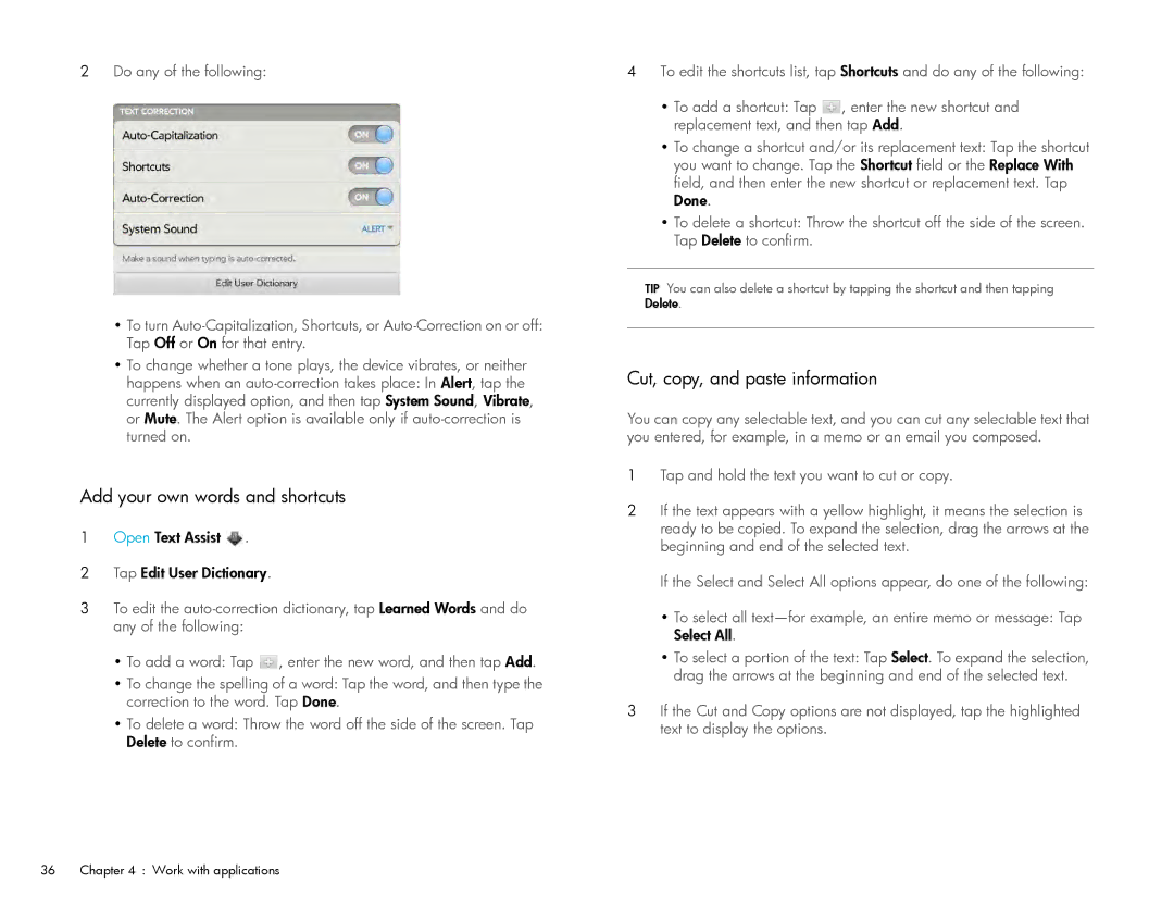 HP Wi-Fi manual Add your own words and shortcuts, Cut, copy, and paste information 