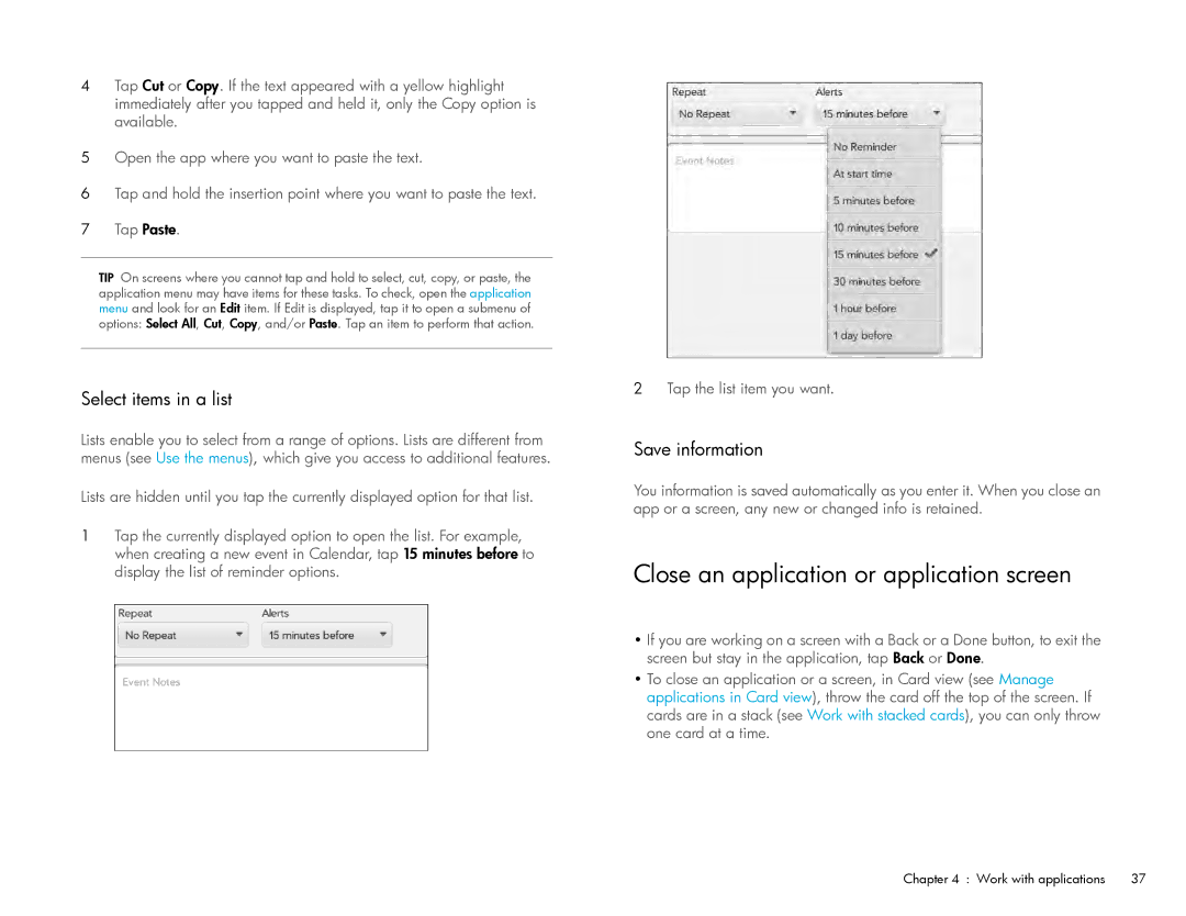 HP Wi-Fi manual Close an application or application screen, Select items in a list, Save information 