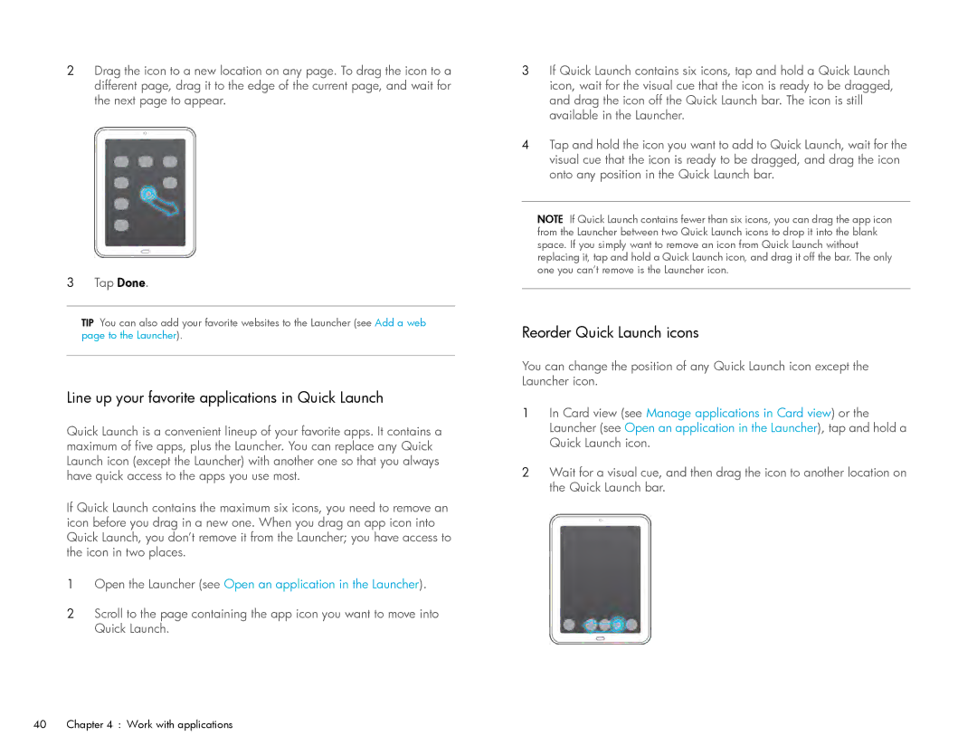 HP Wi-Fi manual Line up your favorite applications in Quick Launch, Reorder Quick Launch icons 