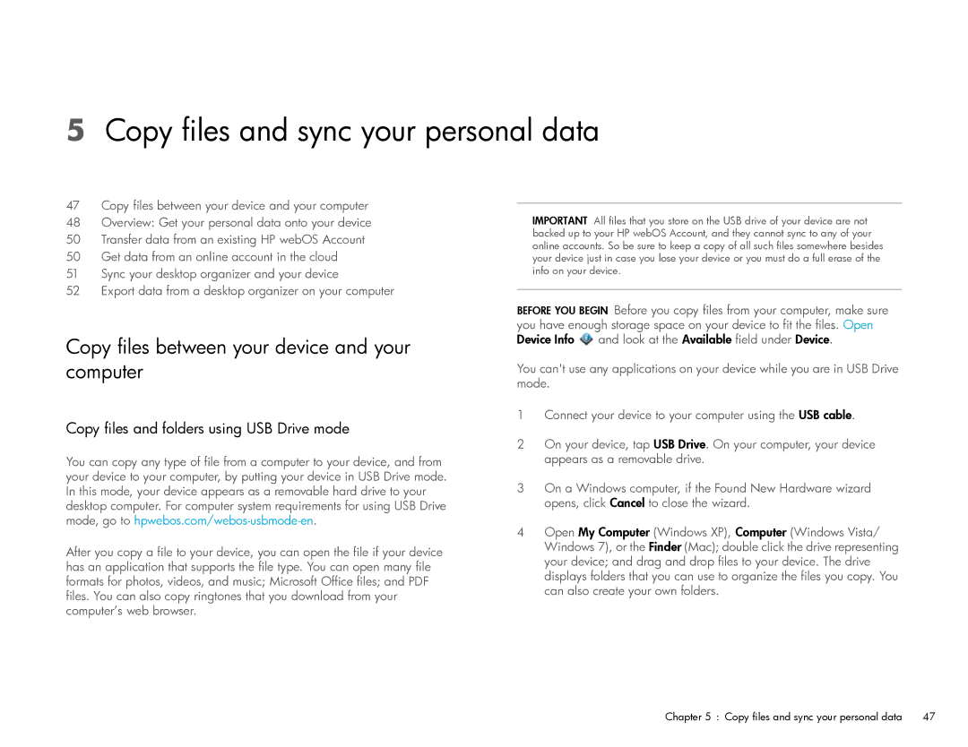 HP Wi-Fi manual Copy files and sync your personal data, Copy files between your device and your computer 