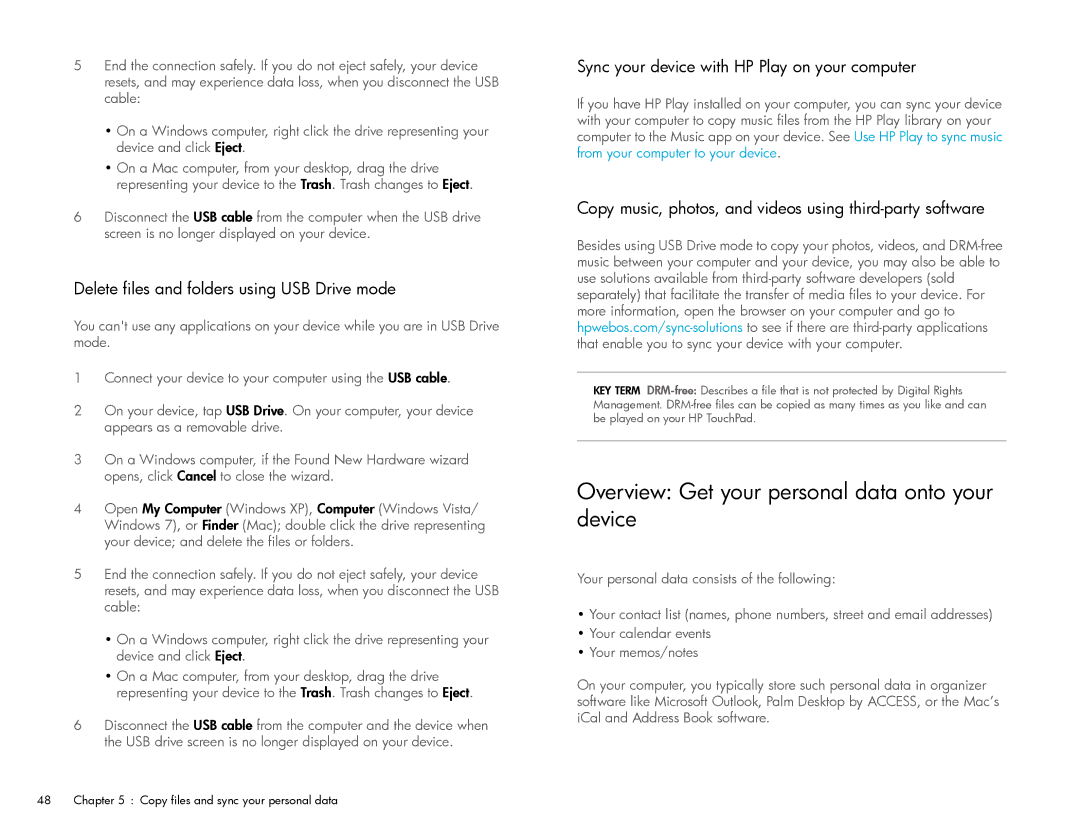 HP Wi-Fi manual Overview Get your personal data onto your device, Delete files and folders using USB Drive mode 