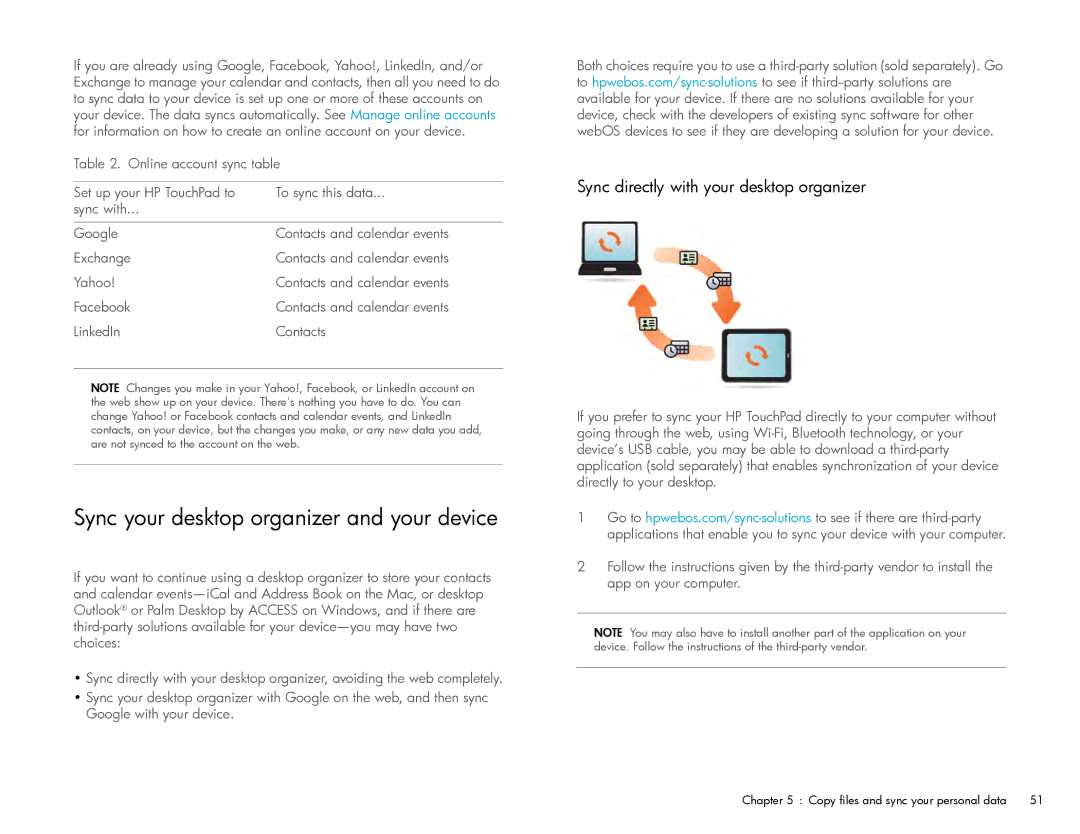 HP Wi-Fi manual Sync your desktop organizer and your device, Sync directly with your desktop organizer 