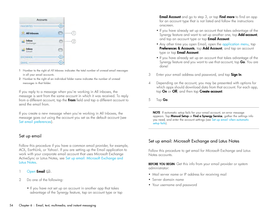 HP Wi-Fi manual Set up email Microsoft Exchange and Lotus Notes 