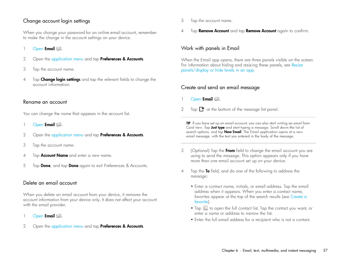 HP Wi-Fi manual Change account login settings, Rename an account, Delete an email account, Work with panels in Email 