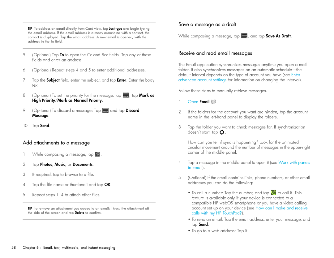 HP Wi-Fi manual Add attachments to a message, Save a message as a draft, Receive and read email messages 