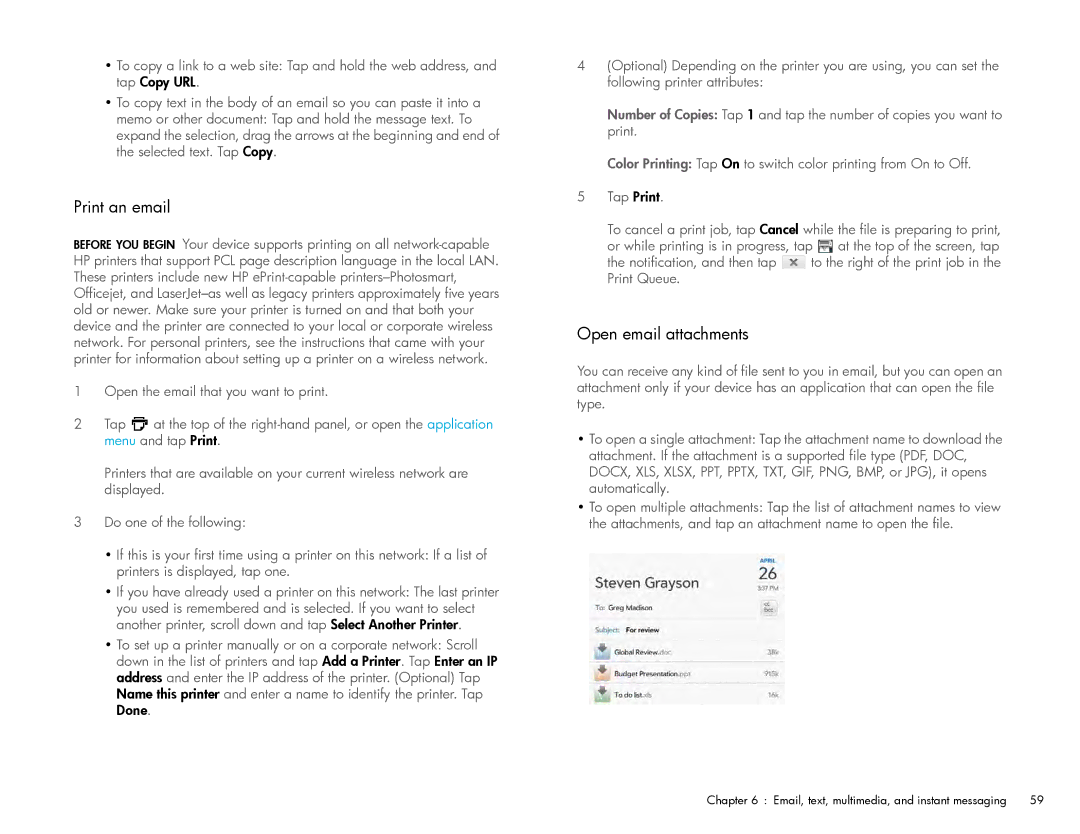 HP Wi-Fi manual Print an email, Open email attachments 