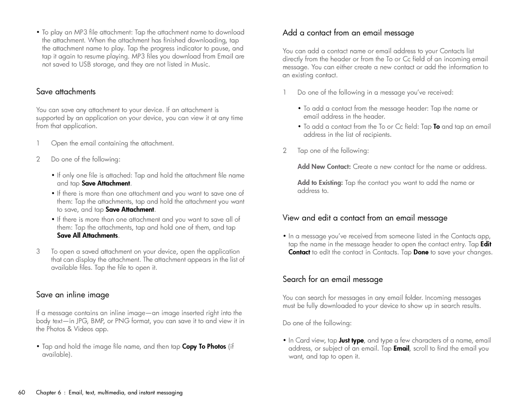 HP Wi-Fi manual Save attachments, Save an inline image, Add a contact from an email message, Search for an email message 
