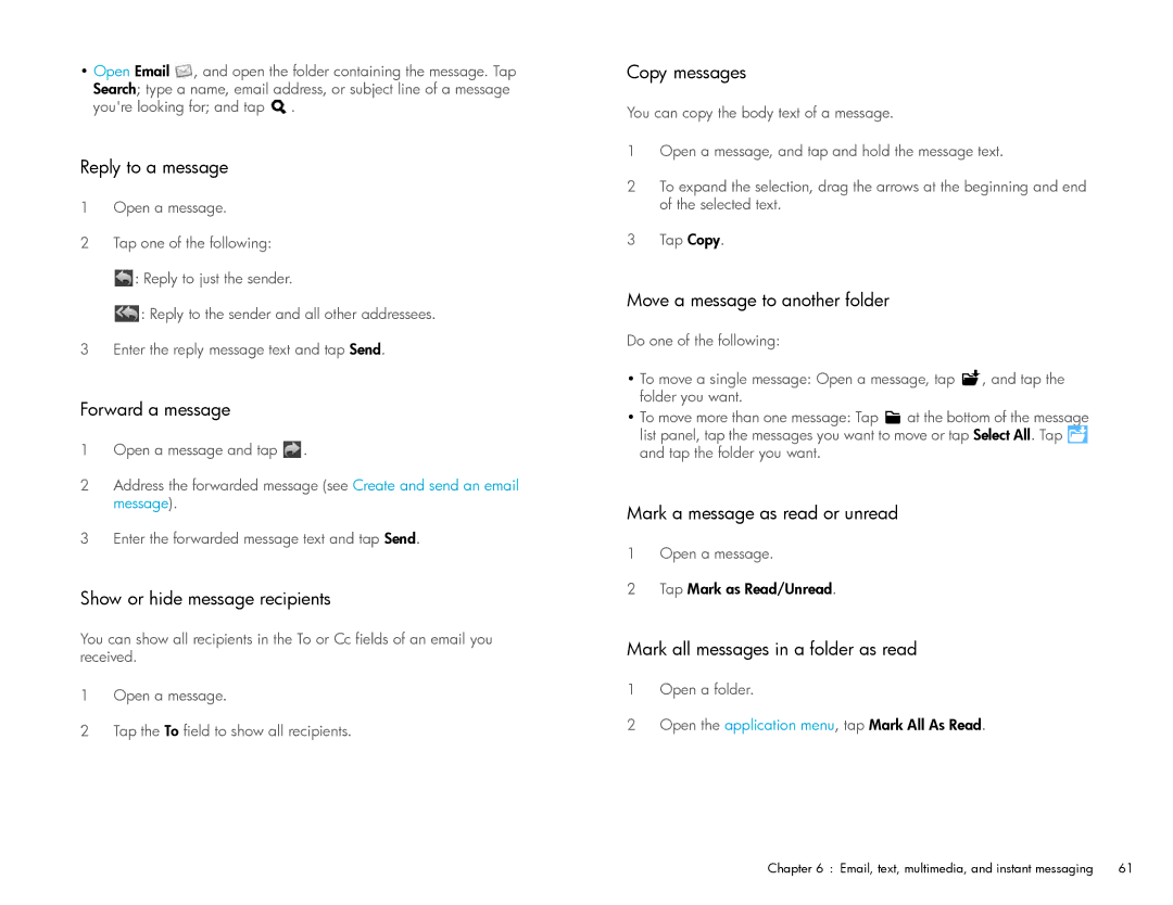 HP Wi-Fi manual Reply to a message, Forward a message, Show or hide message recipients, Copy messages 