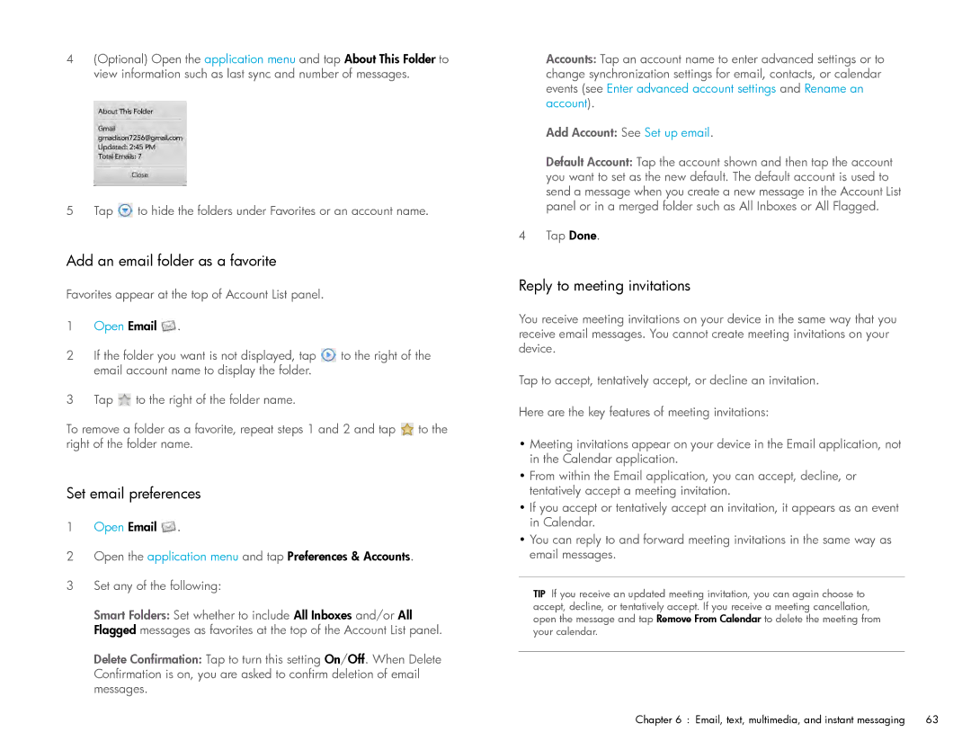 HP Wi-Fi manual Add an email folder as a favorite, Set email preferences, Reply to meeting invitations 