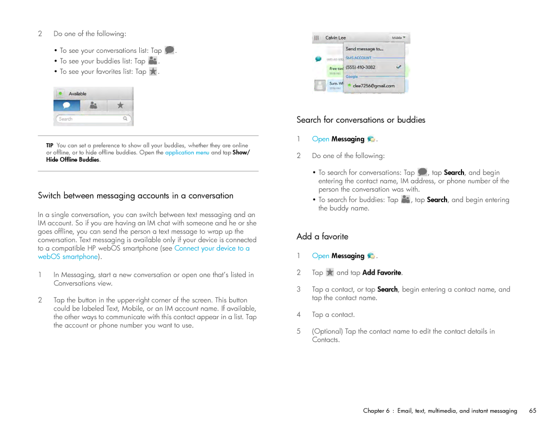 HP Wi-Fi manual Switch between messaging accounts in a conversation, Search for conversations or buddies, Add a favorite 