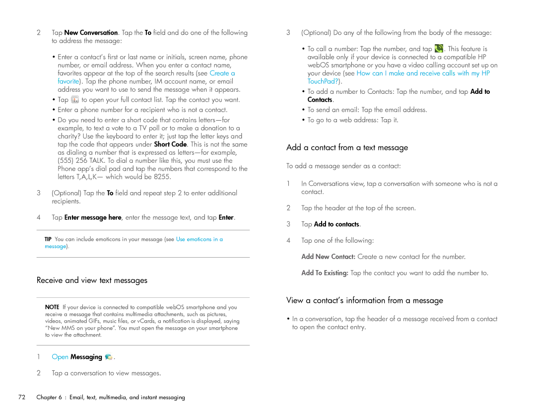 HP Wi-Fi Receive and view text messages, Add a contact from a text message, View a contact’s information from a message 