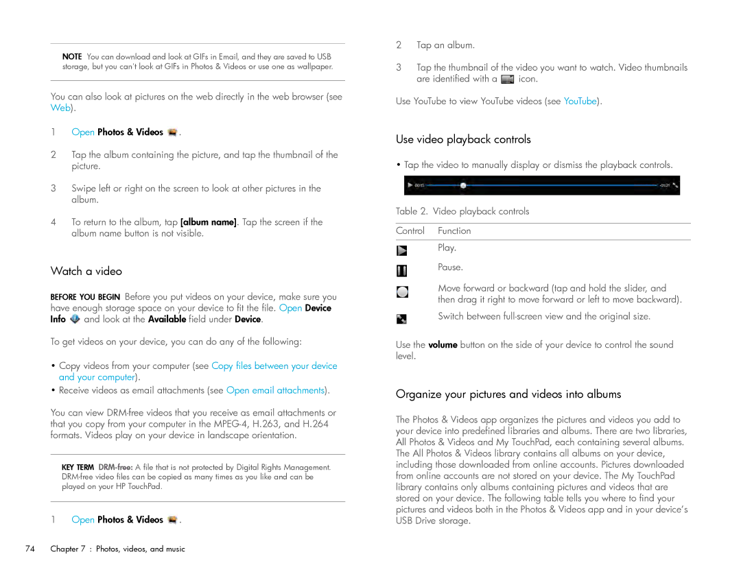 HP Wi-Fi manual Watch a video, Use video playback controls, Organize your pictures and videos into albums 