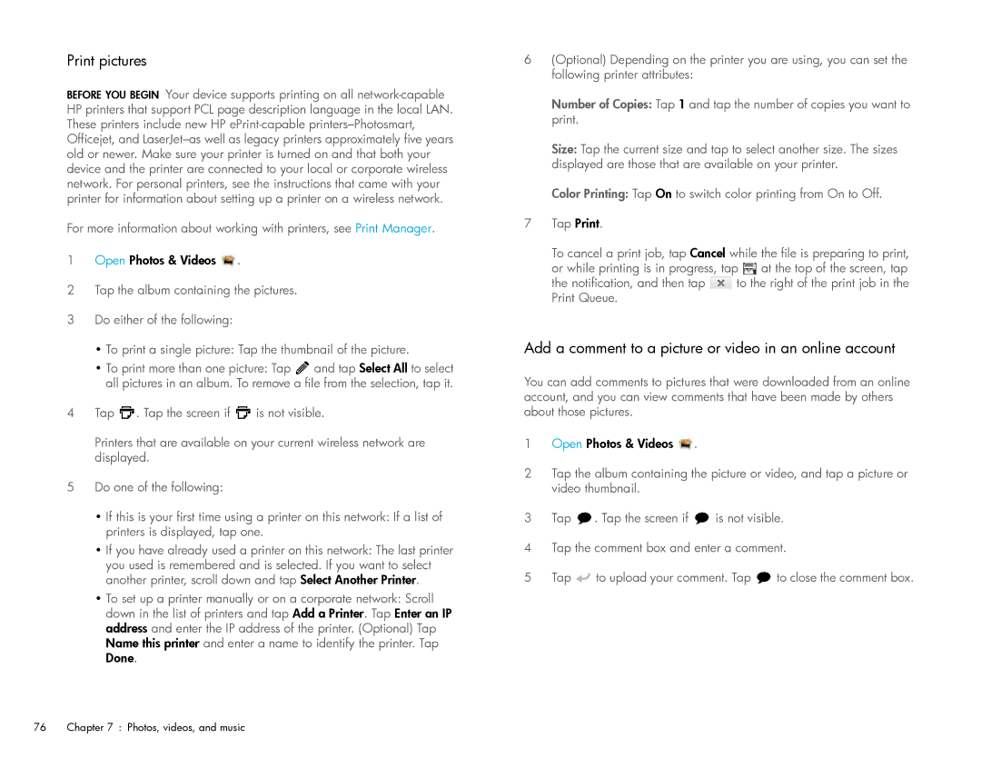 HP Wi-Fi manual Print pictures, Add a comment to a picture or video in an online account 