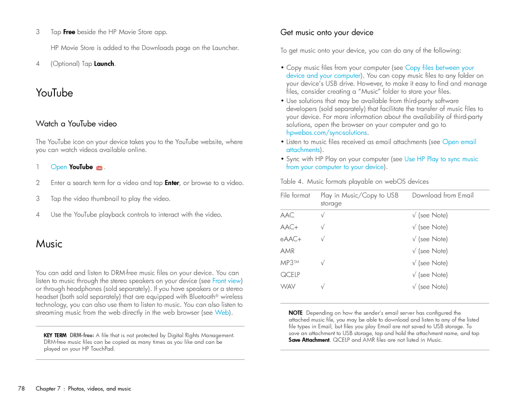 HP Wi-Fi manual Music, Watch a YouTube video, Get music onto your device 
