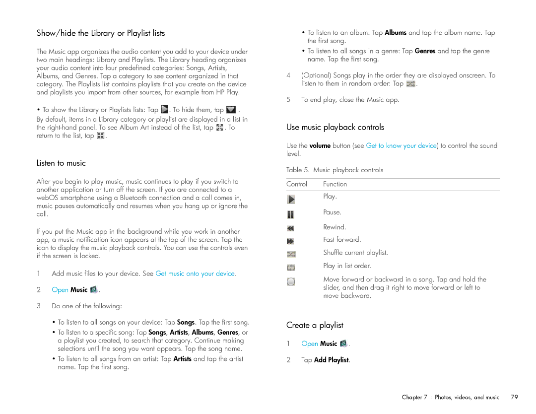 HP Wi-Fi manual Show/hide the Library or Playlist lists, Listen to music, Use music playback controls, Create a playlist 