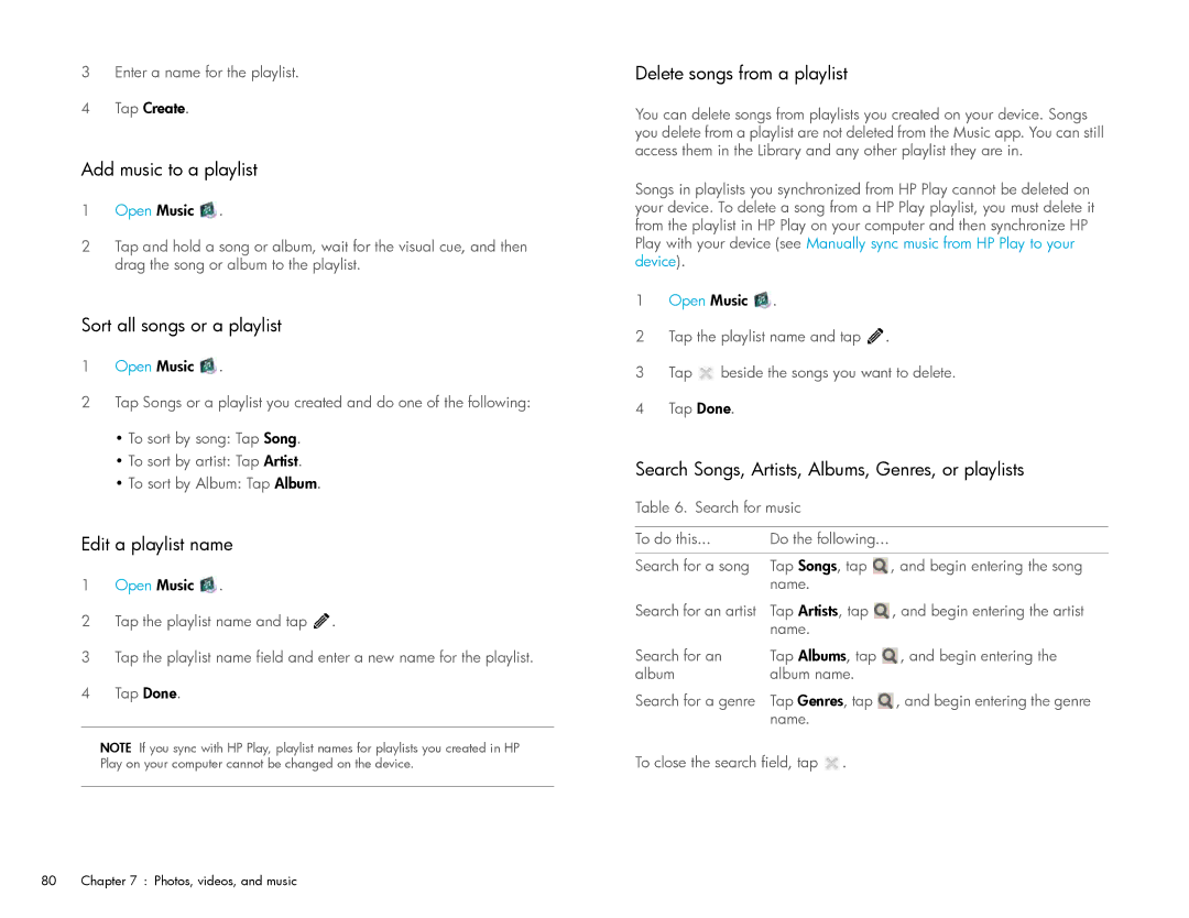 HP Wi-Fi manual Add music to a playlist, Sort all songs or a playlist, Edit a playlist name, Delete songs from a playlist 