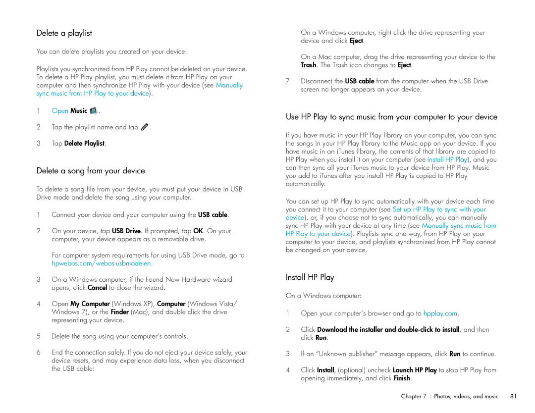 HP Wi-Fi Delete a playlist, Delete a song from your device, Use HP Play to sync music from your computer to your device 