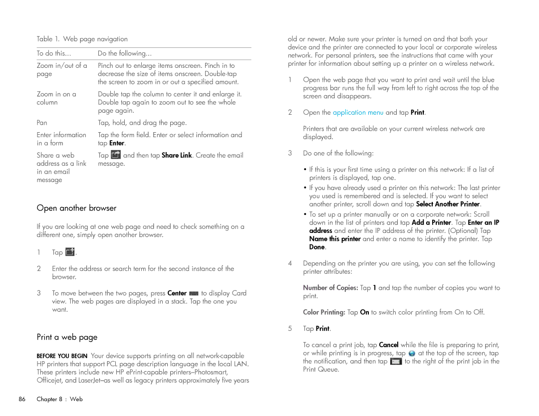 HP Wi-Fi manual Open another browser, Print a web 