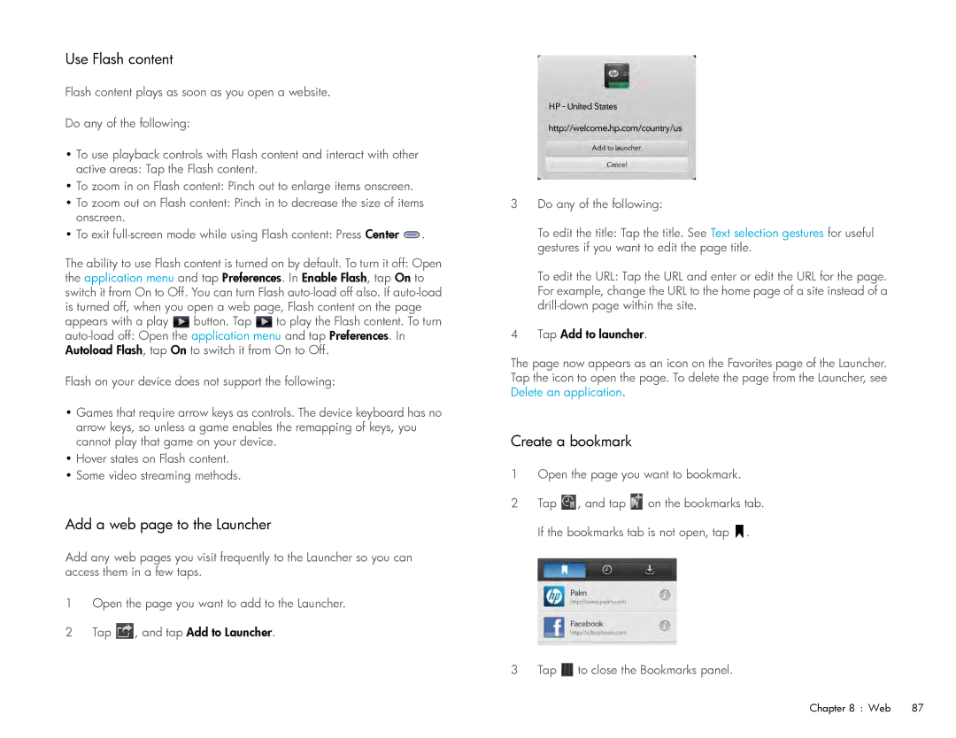 HP Wi-Fi manual Use Flash content, Add a web page to the Launcher, Create a bookmark 