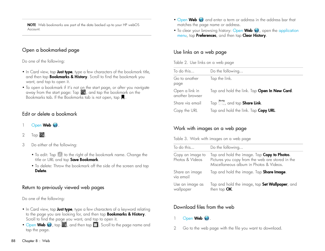 HP Wi-Fi manual Open a bookmarked, Edit or delete a bookmark, Return to previously viewed web pages, Use links on a web 