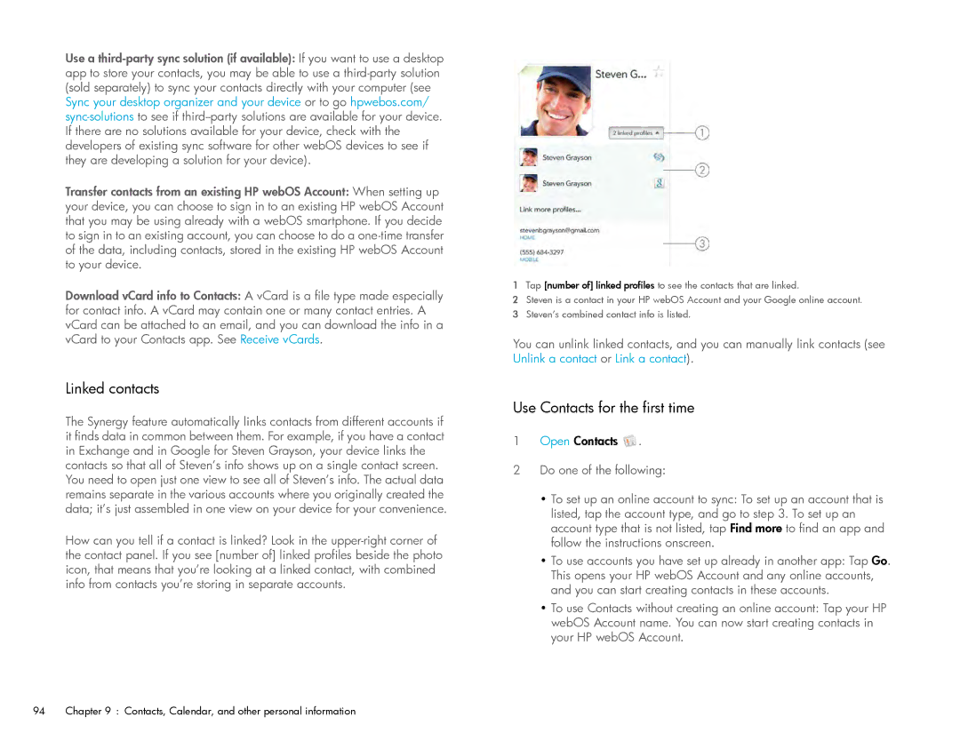 HP Wi-Fi manual Linked contacts, Use Contacts for the first time 