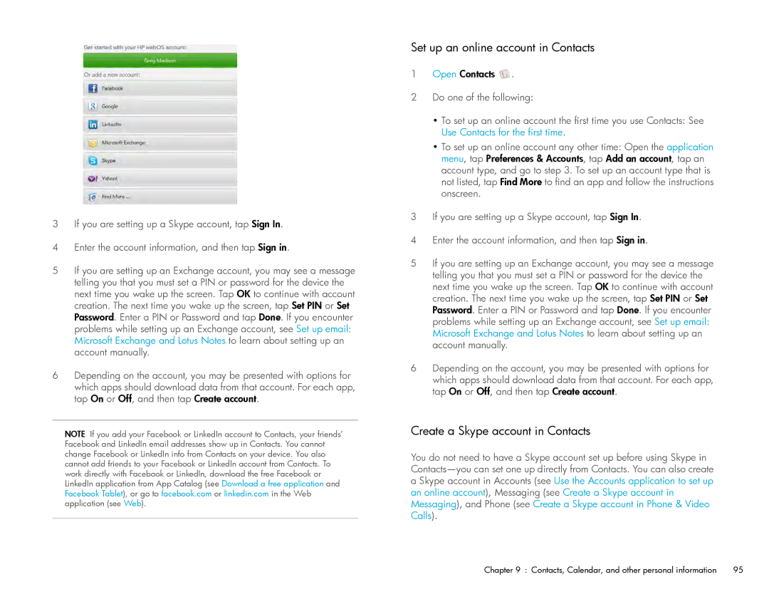 HP Wi-Fi manual Set up an online account in Contacts, Create a Skype account in Contacts 