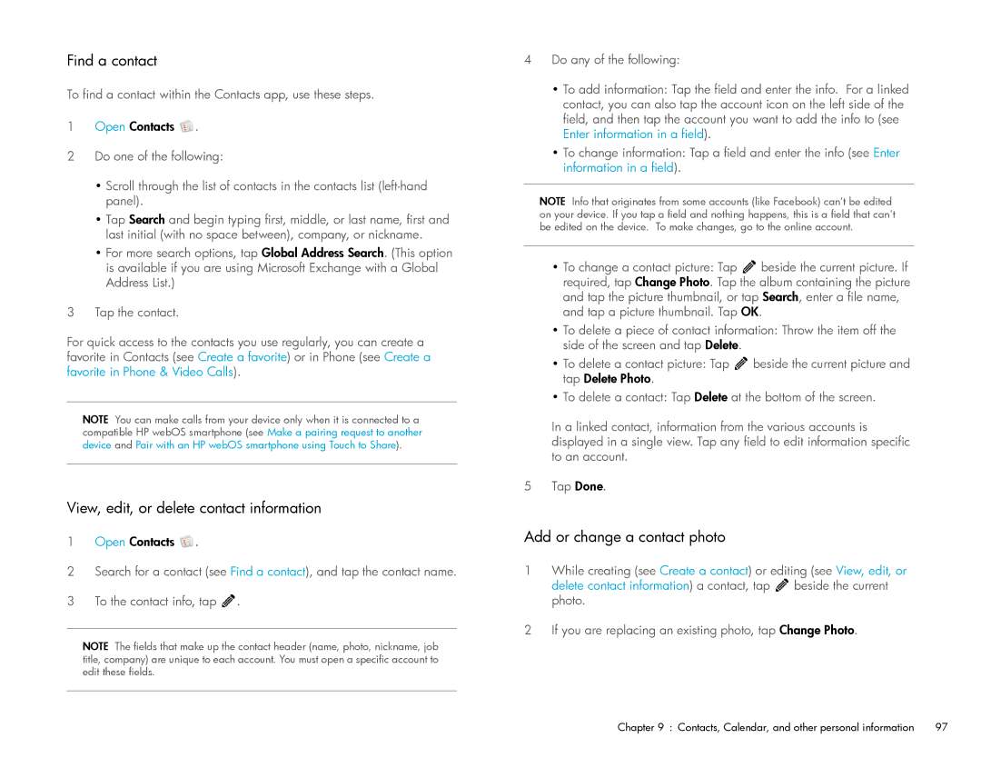 HP Wi-Fi manual Find a contact, View, edit, or delete contact information, Add or change a contact photo 
