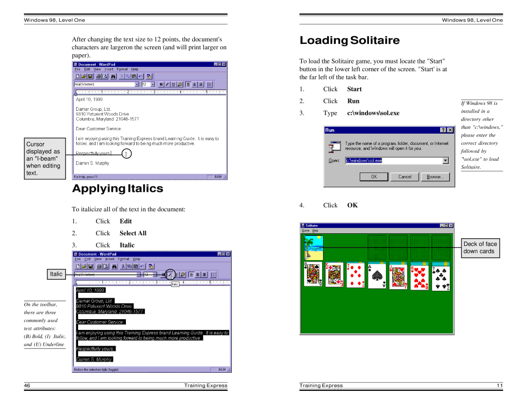 HP Windows 98 Training express manual Loading Solitaire, Applying Italics 