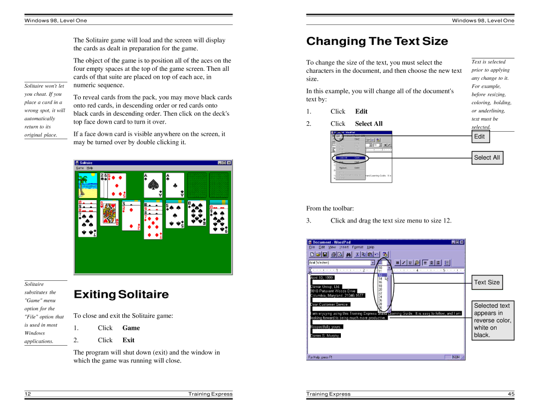 HP Windows 98 Training express manual Changing The Text Size, Exiting Solitaire 