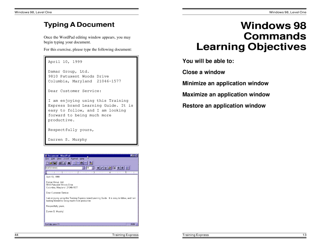 HP Windows 98 Training express manual Windows Commands Learning Objectives, Typing a Document 