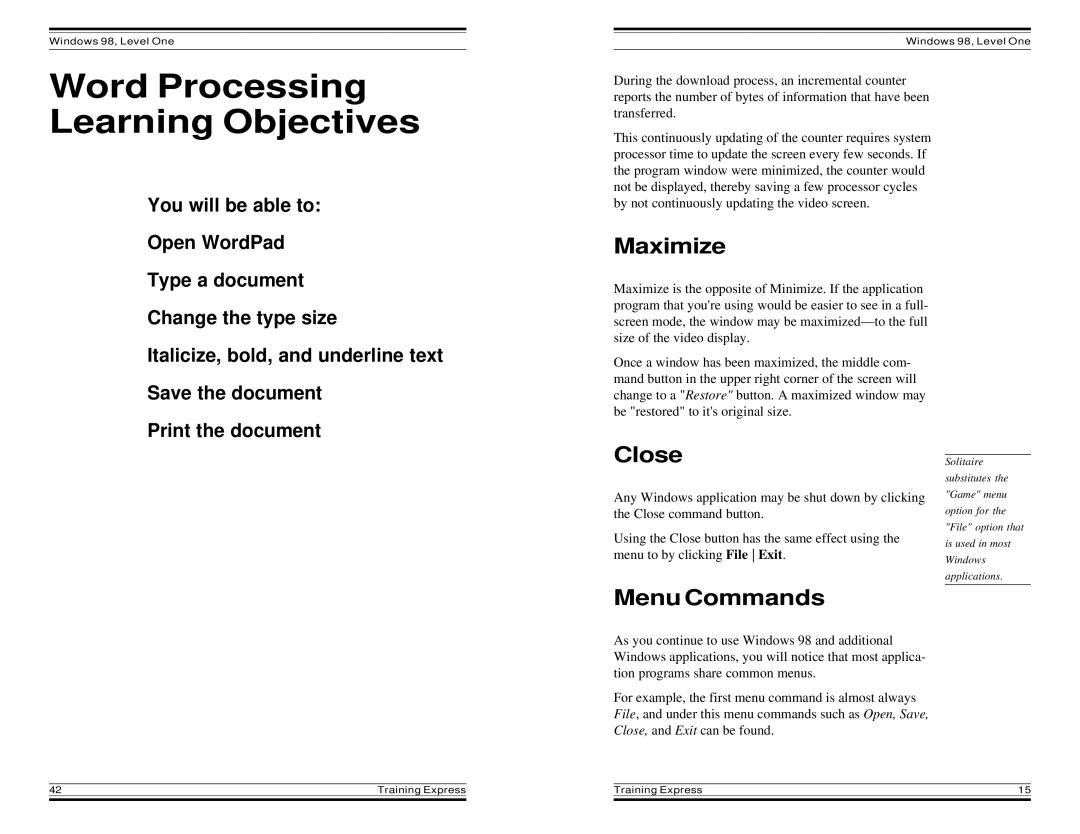 HP Windows 98 Training express manual Word Processing Learning Objectives, Maximize, Close, Menu Commands 