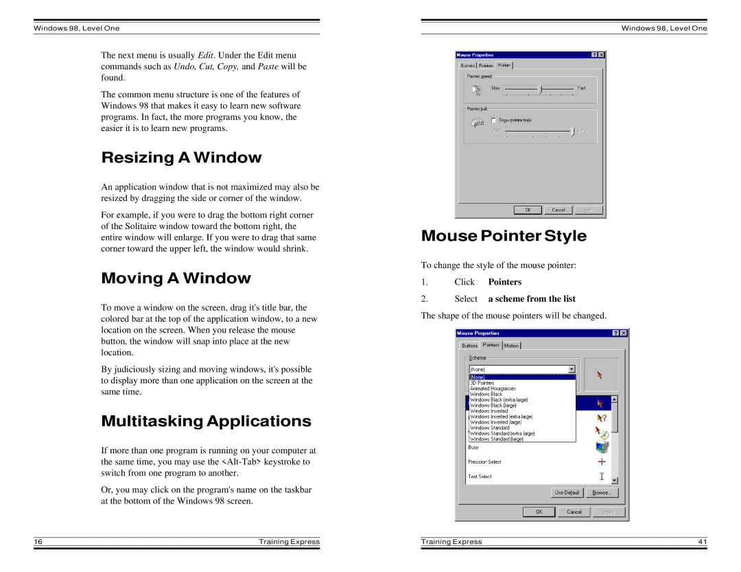 HP Windows 98 Training express manual Resizing a Window, Moving a Window, Multitasking Applications, Mouse Pointer Style 