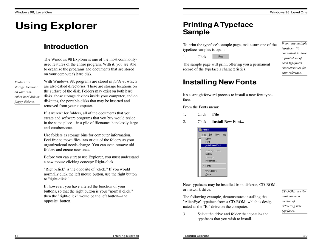 HP Windows 98 Training express manual Using Explorer, Printing a Typeface Sample Introduction, Installing New Fonts 