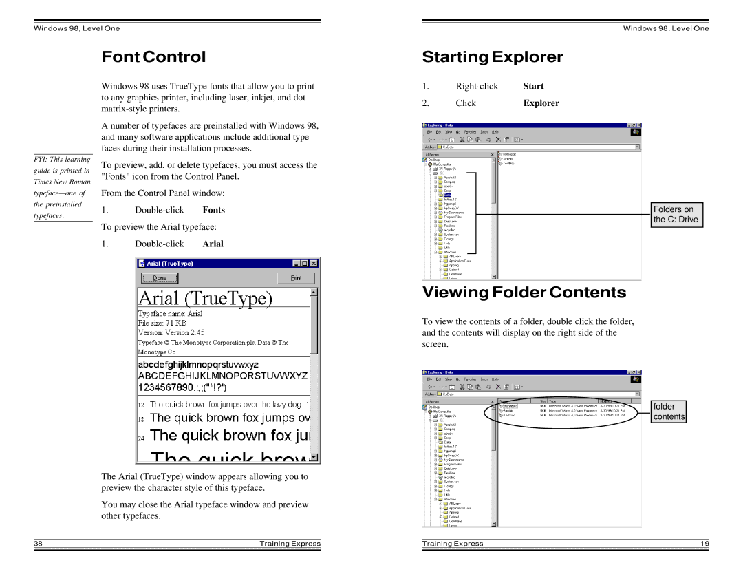 HP Windows 98 Training express manual Font Control, Starting Explorer, Viewing Folder Contents 