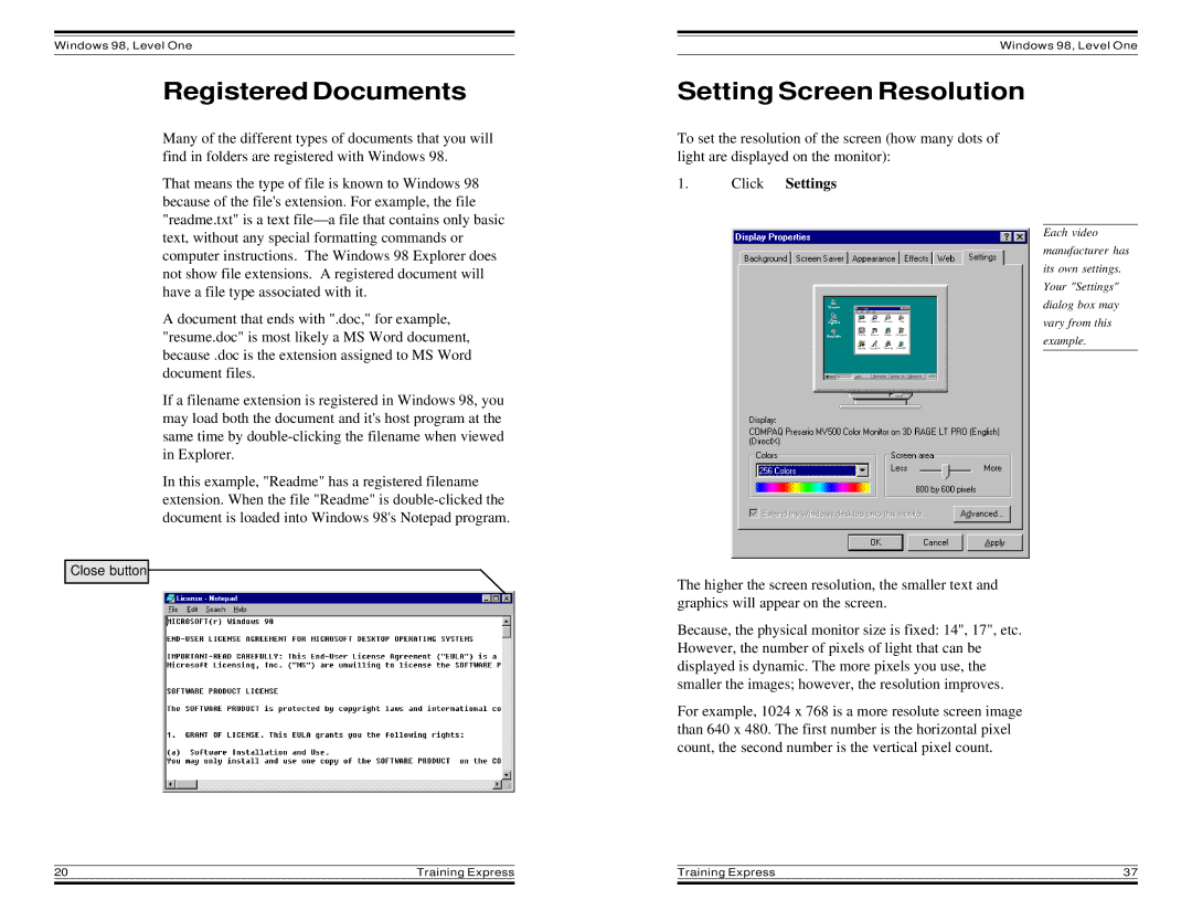 HP Windows 98 Training express manual Registered Documents, Setting Screen Resolution 