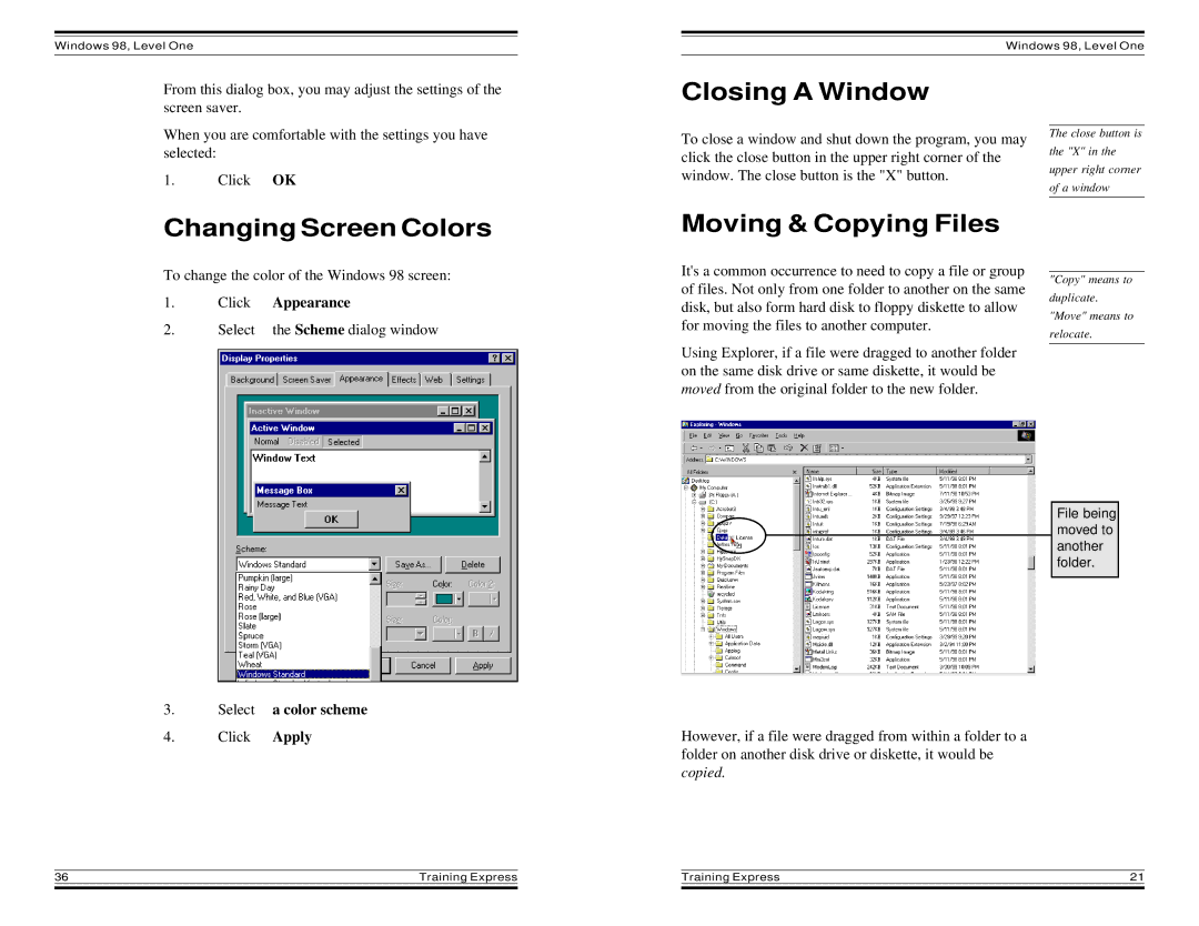 HP Windows 98 Training express manual Closing a Window, Changing Screen Colors, Moving & Copying Files, Appearance 