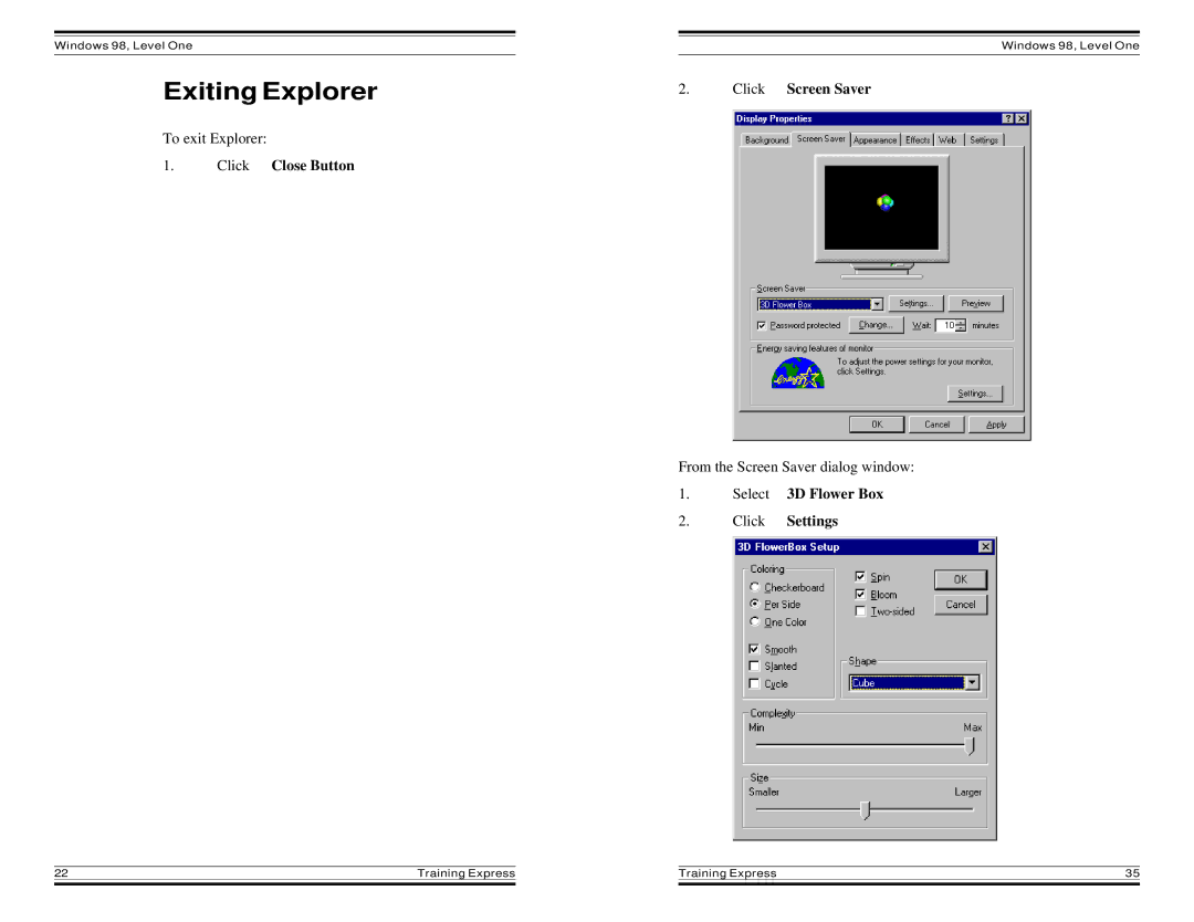 HP Windows 98 Training express manual Exiting Explorer, Click Close Button, Click Screen Saver 