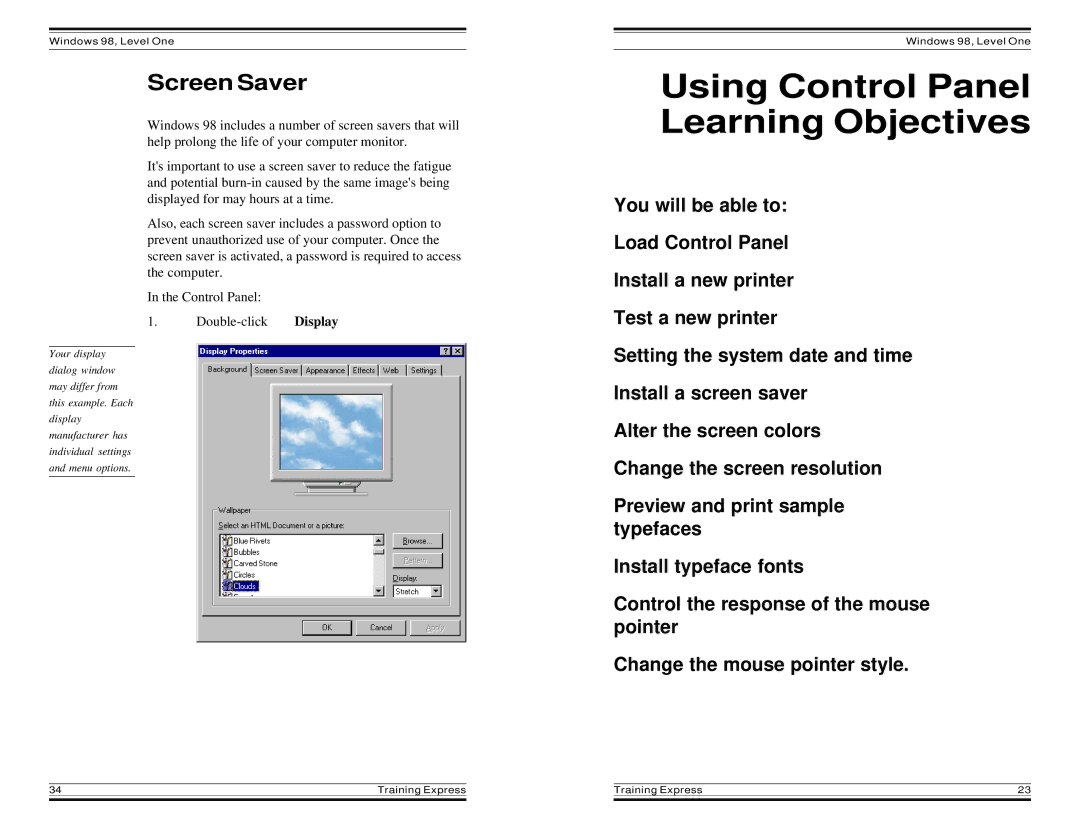 HP Windows 98 Training express manual Using Control Panel Learning Objectives, Screen Saver 