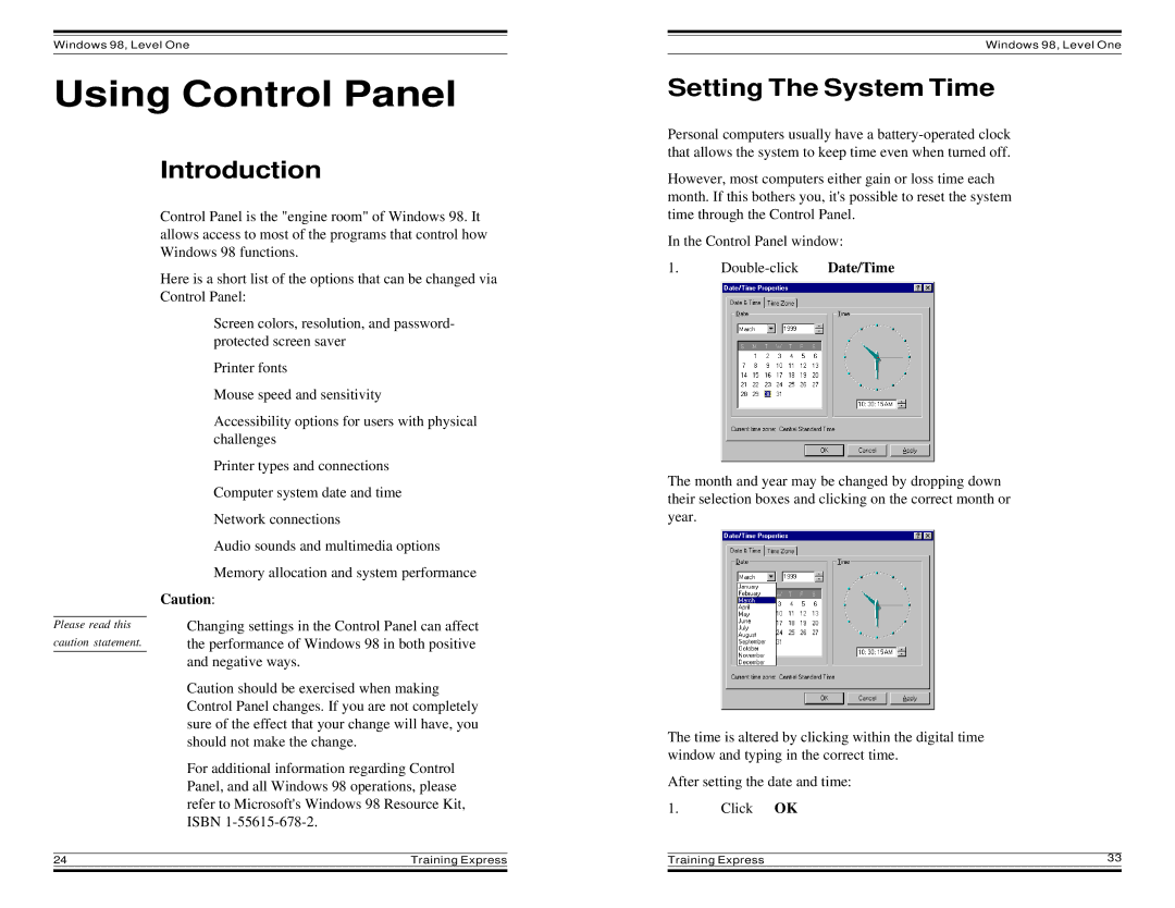 HP Windows 98 Training express manual Using Control Panel, Setting The System Time 