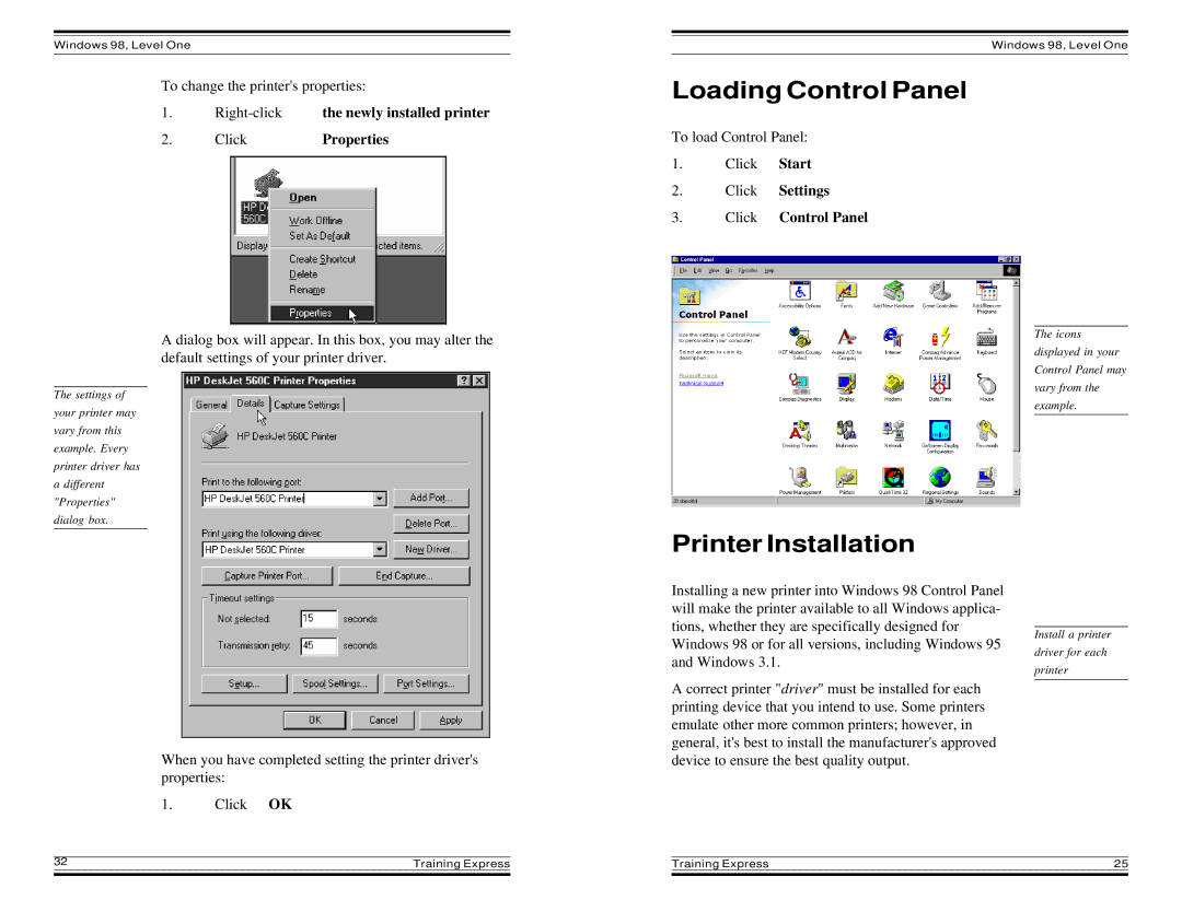 HP Windows 98 Training express manual Loading Control Panel, Printer Installation, Right-clickthe newly installed printer 