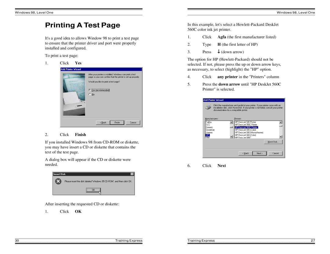 HP Windows 98 Training express manual Printing a Test 