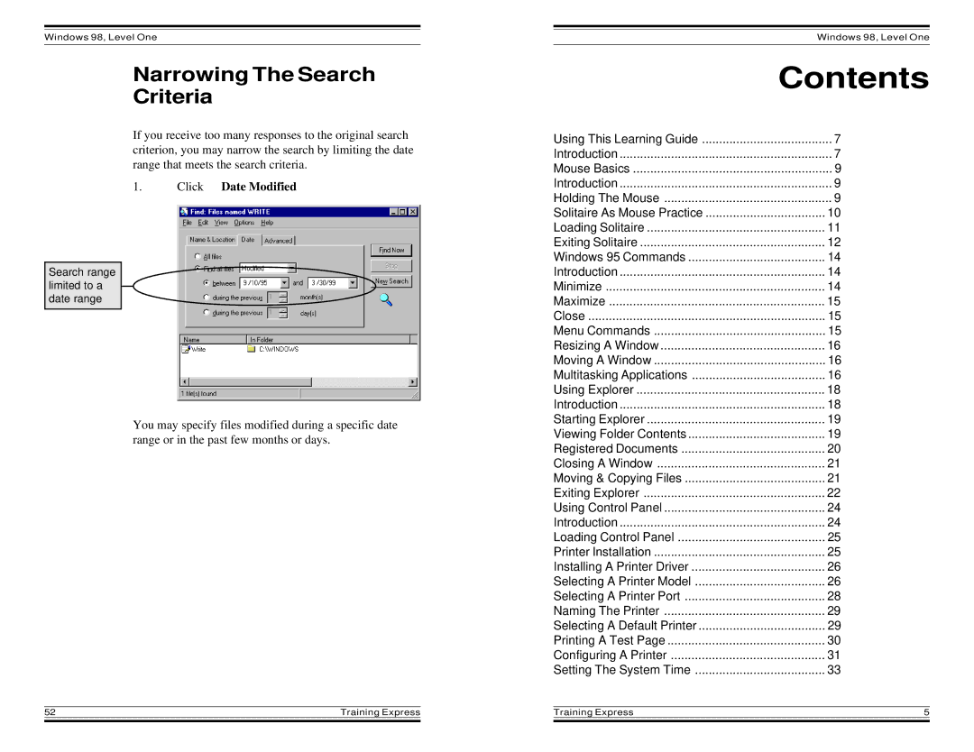 HP Windows 98 Training express manual Contents 