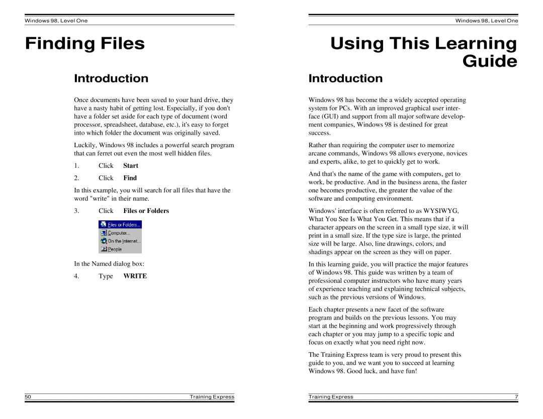 HP Windows 98 Training express manual Finding Files, Using This Learning Guide, Introduction, Click Files or Folders 