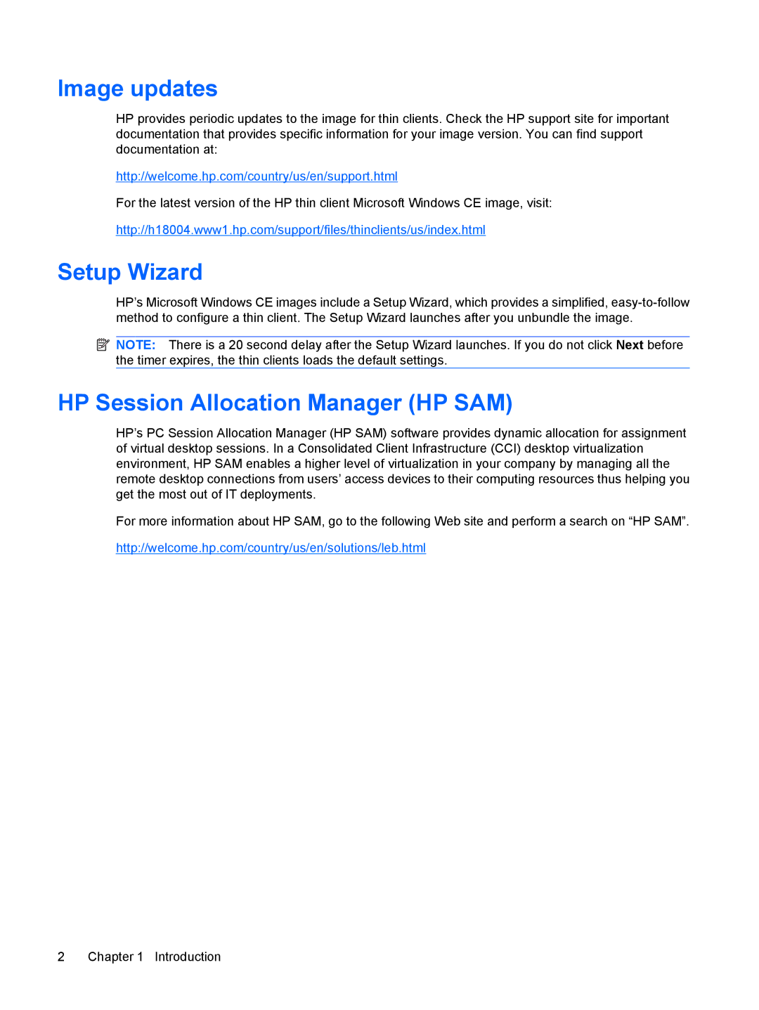 HP Windows CE 5.0, t5530 manual Image updates, Setup Wizard, HP Session Allocation Manager HP SAM 