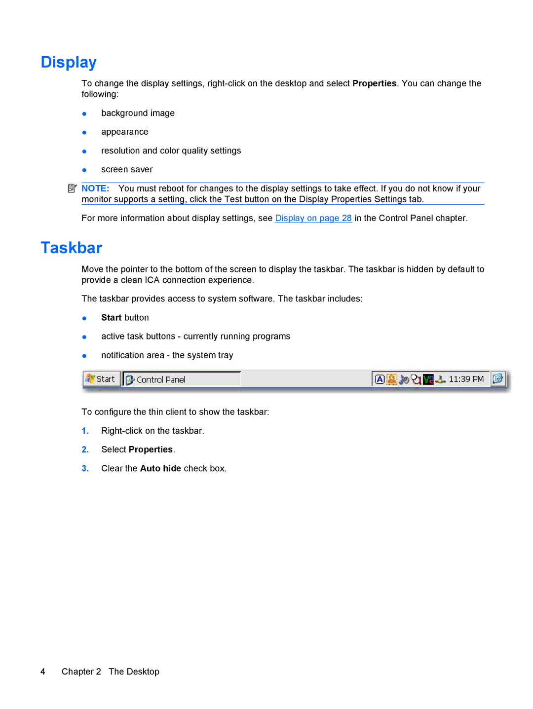 HP Windows CE 5.0, t5530 manual Display, Taskbar 