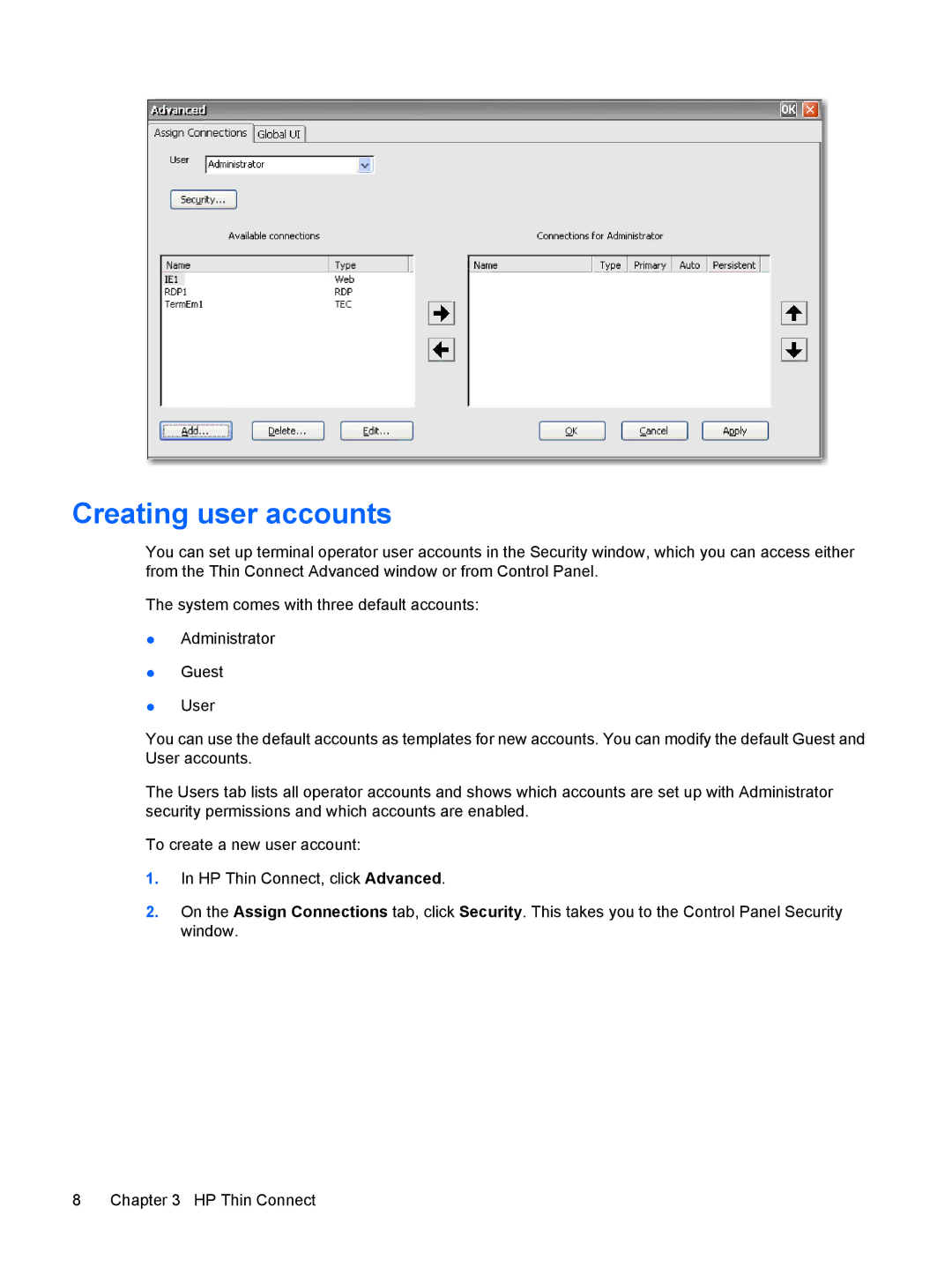 HP Windows CE 5.0, t5530 manual Creating user accounts 