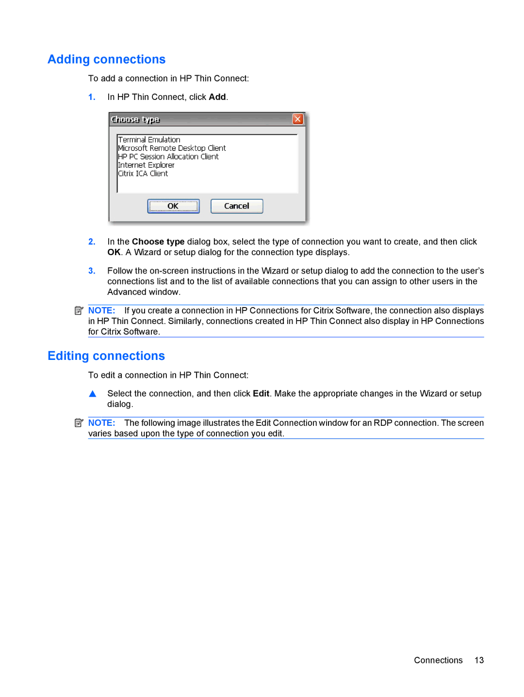 HP t5530, Windows CE 5.0 manual Adding connections, Editing connections 