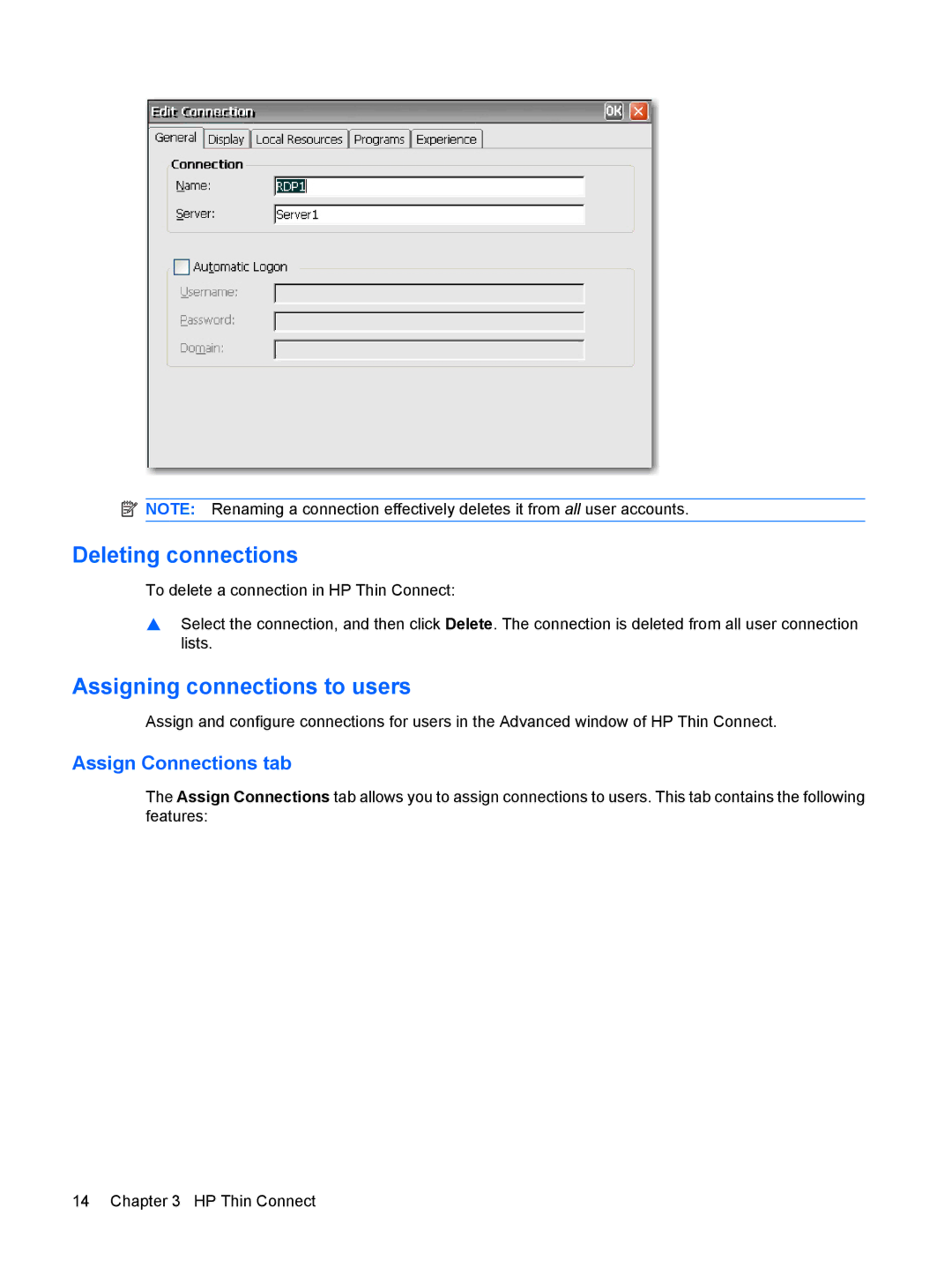 HP Windows CE 5.0, t5530 manual Deleting connections, Assigning connections to users 